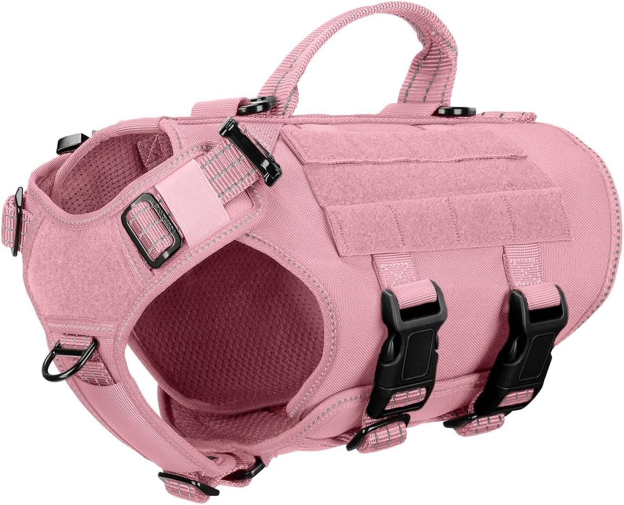 icefang-no-pull-tactical-dog-harness-for-large-dogs-adjustable-dog-vest-control-handle-molle-panel-front-hook-3-leash-clips-soft-padded-for-walking-training-pink-large