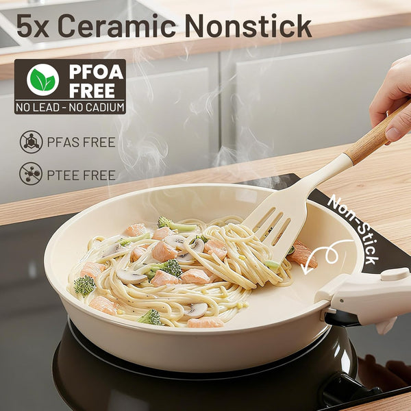 Nonstick Pots and Pans Set - Ceramic Cookware Set with Detachable Handle - 25 Pack Healthy Pans Set for Cooking - Stackable for RV Kitchen, Induction Ready - Dishwasher and Oven Safe2