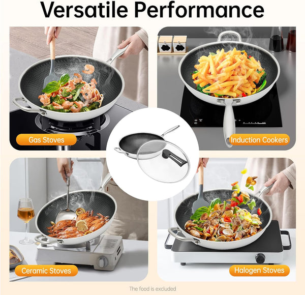 13.4 Inch Skillet Nonstick, 316 Stainless Steel Nonstick Wok Pan with Lid-Honeycomb Stir-Fry Skillet, Stir-Fry Wok with Lid Suitable for Gas Stoves, Induction Cookers and Ceramic Stove3