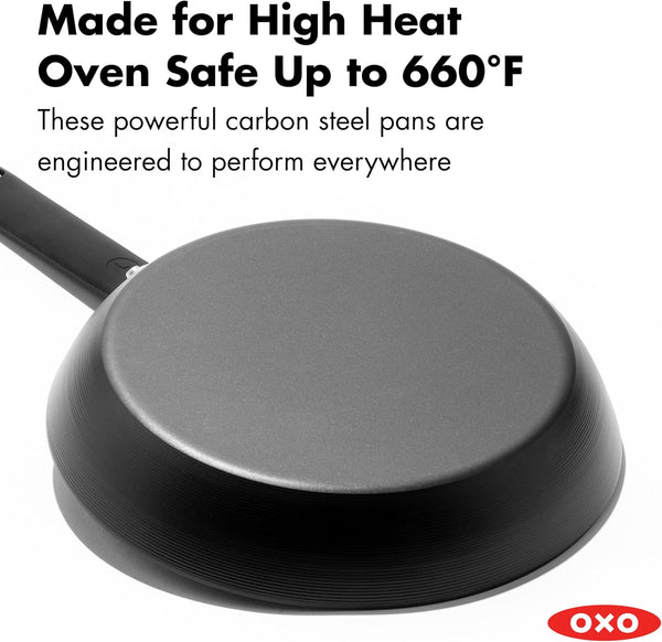 OXO Obsidian 10" Carbon Steel Frying Pan, Pre-Seasoned Skillet, Builds Natural Nonstick with Use, Induction Ready, Oven Safe, Removable Silicone Handle6