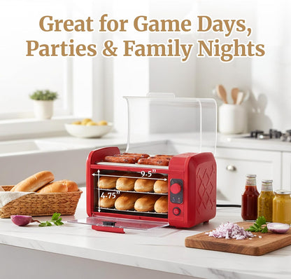 8-Hot Dog Roller/Toaster Oven, 5 Rollers, Auto Shut-Off, Red | 30-Min Timer, Stainless Steel Rollers, 2 Warming Racks, Bun Warmer & Drip Pan - Cooks Brats, Sausages & Taquitos7
