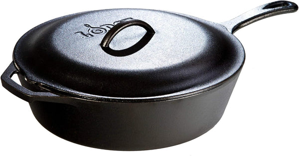 Cast Iron Covered Deep Skillet - Pre-Seasoned Deep Cast Iron Skillet with Lid - Heavy-Duty Family Size Frying Pan for Braising, Sautéing, Grilling & Everyday Cooking - 5 Quart1
