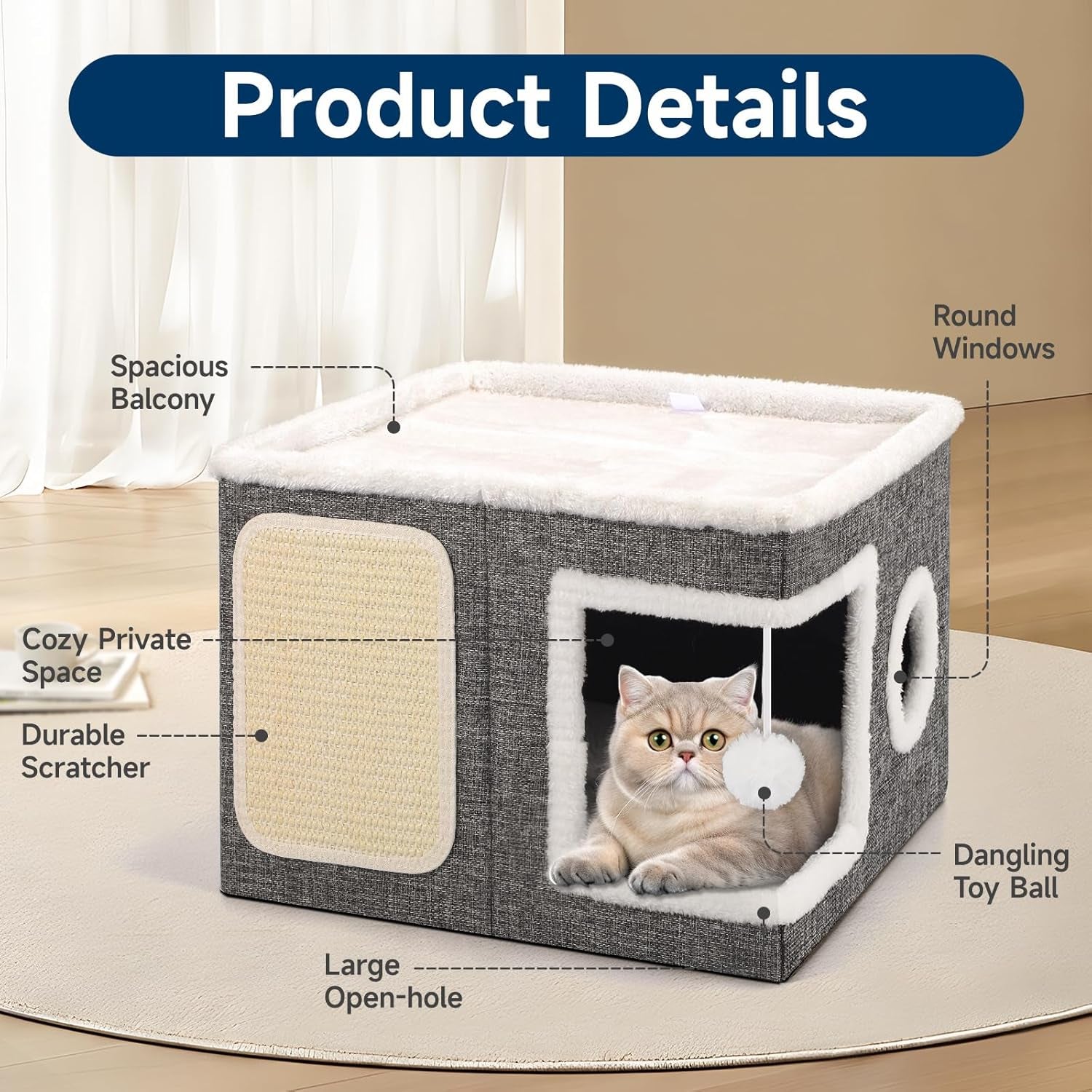 shikha-cat-house-bed-for-indoor-cats-with-fluffy-ball-and-scratch-pad-grey-foldable-large-cat-cave-hideaway-with-cozy-condo-hide-and-seek-window-holds-up-to-30lbs-all-season-reversible-cushion