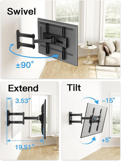 Full Motion TV Wall Mount for Most 26-65 Inch Flat & Curved Tvs up to 77 Lbs, Adjustable Bracket Height, Corner TV Mount with Single Articulating Arm, Max VESA 400X400Mm, PIMF96