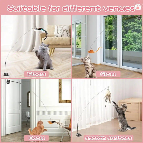 Interactive Bird Simulation Cat Toy Set | Cat Wand Toys,Includes 2 Self-Holding Suction Cup Bases and 6 Detachable Replacement Feather Toys3