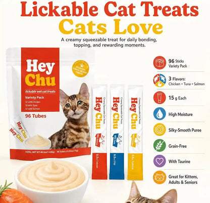 Lickable Cat Treats, Grain-Free Wet Topper, 96 Tube Variety Pack | Tuna, Salmon and Chicken Puree for Kittens, Senior and Picky Cats. Squeezable Creamy Churu Style Tube Snack, High Moisture5