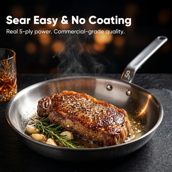 12" 5-Ply Stainless Steel Frying Pan | Dual Aluminum Core, Uncoated Surface, Oven & Broiler Safe 800°F, Induction Ready, Dishwasher Safe, Searing & Family Meals2