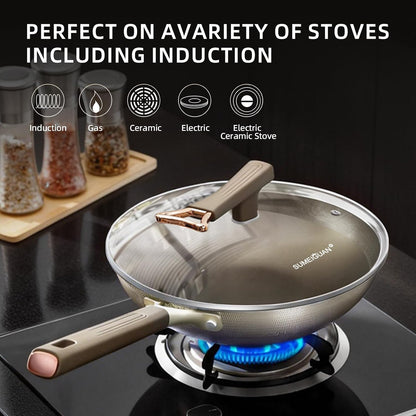 13" Titanium Wok Pan with Lid,Non-Stick Flat Bottom Titanium | PFAS & PFOA Free,Non-Toxic, Fits Induction & Gas Stoves,Traditional Chinese Pan for Stir Fry2