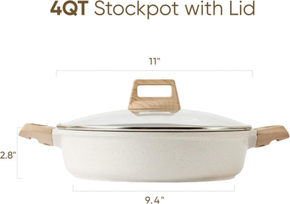 Nonstick Stock Pot with Lid,4 Quart Shallow Soup Pot | Kitchen Casserole Compatible with All Stoves, Non Stick Cooking Pot, Cookware for Boiling, Simmer PFOA Free, White Granite2