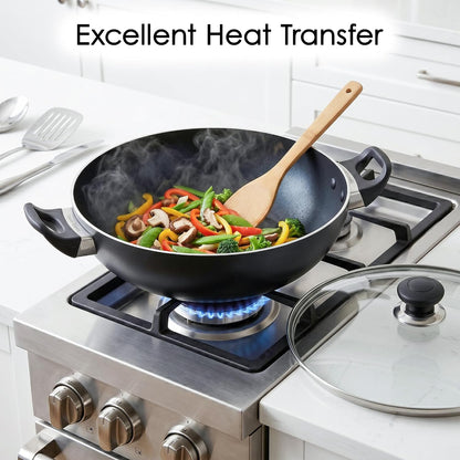 Non Stick Imperial Classic Wok with Glass Lid – Pfoa-Free Nonstick Wok Pan, Tempered Glass Lid with Steam Vent, Easy Clean Stir Fry Wok for Gas & Electric Stovetops (13")4