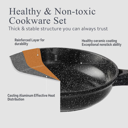 Pots and Pans Set Non Stick Non-Toxic 22 Pcs Ceramic Cookware Sets Nonstick Kitchen Pot&Pan with Lid Black Granite Induction Compatible with Glass Lids Crepe Frying Pan Pfoa/Pfos-Free5