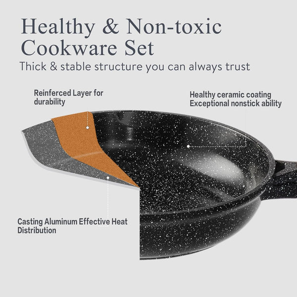 Pots and Pans Set Non Stick Non-Toxic 22 Pcs Ceramic Cookware Sets Nonstick Kitchen Pot&Pan with Lid Black Granite Induction Compatible with Glass Lids Crepe Frying Pan Pfoa/Pfos-Free5