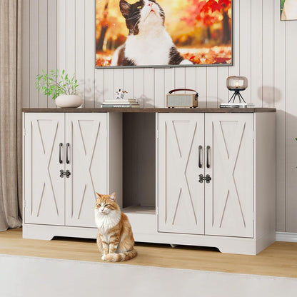 59.1" Cat Litter Box Enclosure for 2 Cats, Hidden Litter Box Furniture with Power Outlet & Removable Hallway, Lockable Door & Anti-Tip Design, Farmhouse Litter Box Cabinet with Magnetic Door, White1