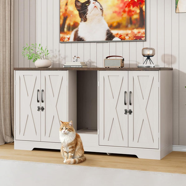 59.1" Cat Litter Box Enclosure for 2 Cats, Hidden Litter Box Furniture with Power Outlet & Removable Hallway, Lockable Door & Anti-Tip Design, Farmhouse Litter Box Cabinet with Magnetic Door, White1