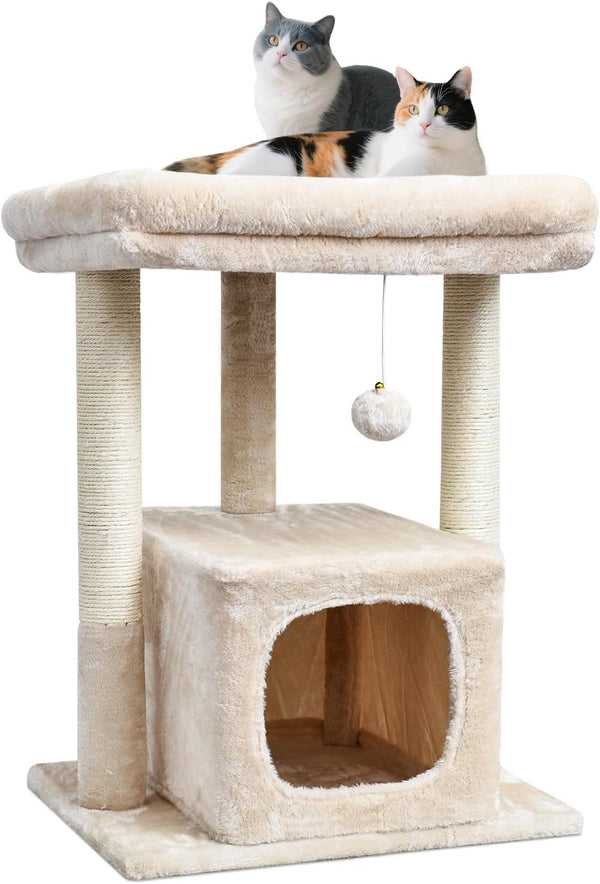 SYANDLVY 27" Cat Tree for Indoor Cats, Activity Tower with Scratching Posts | Modern Kitten Condo with Plush Perch & Hanging Ball for Play, Beige1