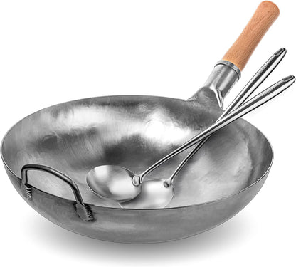 Non-Seasoned 14" Round-Bottom Carbon Steel Wok Pan with 17" Spatula and Ladle1