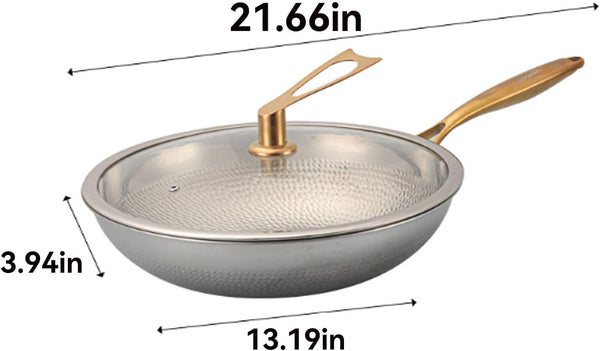 Titanium Hammered Wok Pure with Lid, No Coating Non-Stick Titanium Cookware, Frying Pans, Ultra-Durable, Scratch-Resistant, Even Heating Frying Pans with All Cooktops,13.39In8