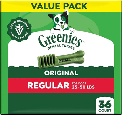 Greenies Regular Dental Dog Treats, Original Chicken Flavor, 36 Count | Clinically-Proven, Veterinarian-Recommended, 47% Less Tartar & 40% Less Plaque in 28 Days, for Dogs 25-50 Lbs, 36 Oz. Pack1