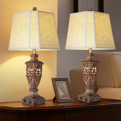 Vintage Resin Table Lamps with Night Light for Bedroom Living Room | 28.5" Tall, Night Light, Farmhouse Table Lamps Set of 2 with USB A+C Charging Ports, Linen Shade, Bulb Included, Bedside Lamp6