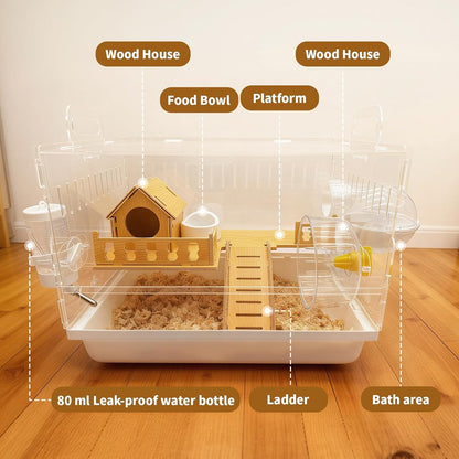Acrylic Hamster Cage, 2-Tier Hamster Cage with Wooden Accessories for Dwarf Syrian Hamsters,14"X10"X*11" Clear Pet Mice Small Hamster Habitat Gerbils House2