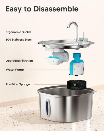 PEKTACO Cat Water Fountain, 3.2L/108Oz Stainless Steel Pet Water Fountain | Cat Drinking Fountain, Dishwasher Safe, with Triple Filtration, Quiet Pump, and Visible Water Window for Cats and Small Pets7