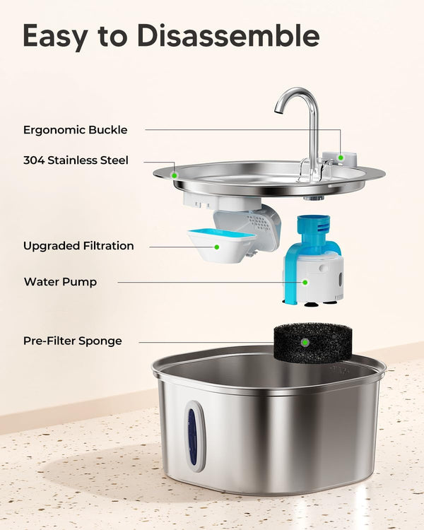 PEKTACO Cat Water Fountain, 3.2L/108Oz Stainless Steel Pet Water Fountain | Cat Drinking Fountain, Dishwasher Safe, with Triple Filtration, Quiet Pump, and Visible Water Window for Cats and Small Pets7