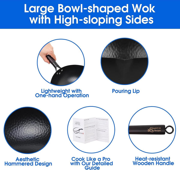 12.5 Inch Carbon Steel Wok for Electric, Induction and Gas Stoves (Lid, Spatula and User Guide Video Included)5