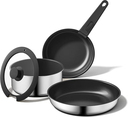 5PCS Pots and Pans Set Non Stick, Diamond-Titanium Ceramic Cookware Set & 3 Layer Stainless Steel with Detachable Handle, Induction Cookware, Non Toxic Oven/Dishwasher Safe, Black1