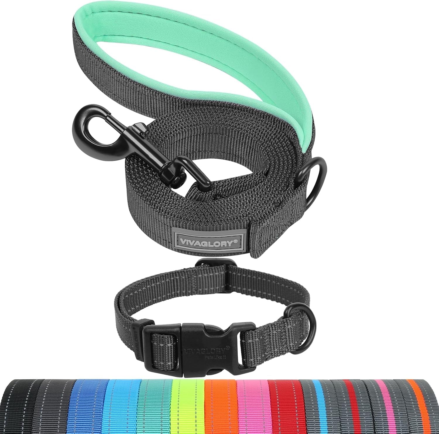 vivaglory-dog-leash-puppy-leash-for-collar-3ft-x-1in-black-with-soft-padded-handle-for-training-walking-heavy-duty-double-layer-nylon-pet-puppy