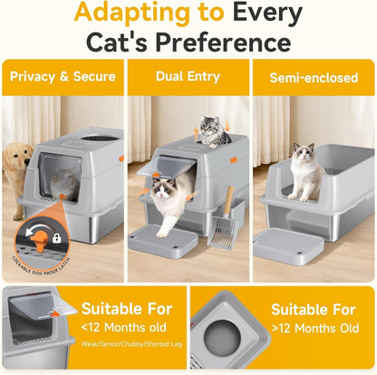 XL Enclosed Stainless Steel Litter Box with Lid, Light Gray | Covered, High Sided, Rustproof & Leak Proof, Easy Clean, Odor Control, Includes Scoop & Step6