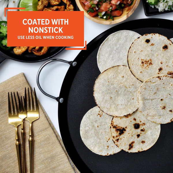 13.5In Carbon Steel Nonstick round Comal with Metal Handles, Black | Chrome Riveted Handles, Great for Tortillas, Essential Kitchen Tool4
