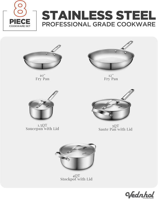 Stainless Steel Cookware Set, 8 Pcs Tir-Ply Pots and Pans Set, PFOA&PTFE Free, Dishwasher&Oven Safe, Kitchen Induction Compatible, Ollas De Acero Inoxidable Para Cocinar3