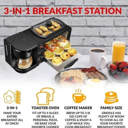 3-In-1 Breakfast Station with Coffee Maker, 4-Slice Toaster Oven, Non-Stick Griddle, 110V4