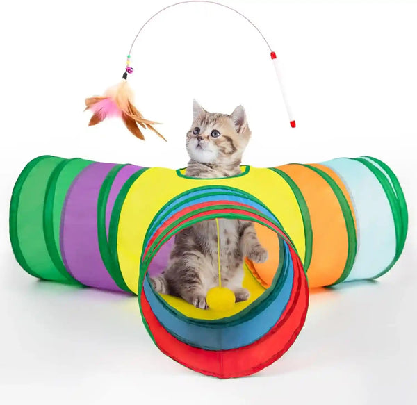 Tempcore Pet Cat Tunnel Tube Toys 3 Way Collapsible, Tunnels for Indoor Cats, Interactive Tube with Teaser Wand, Peek Holes & Hanging Ball, Black & Blue35