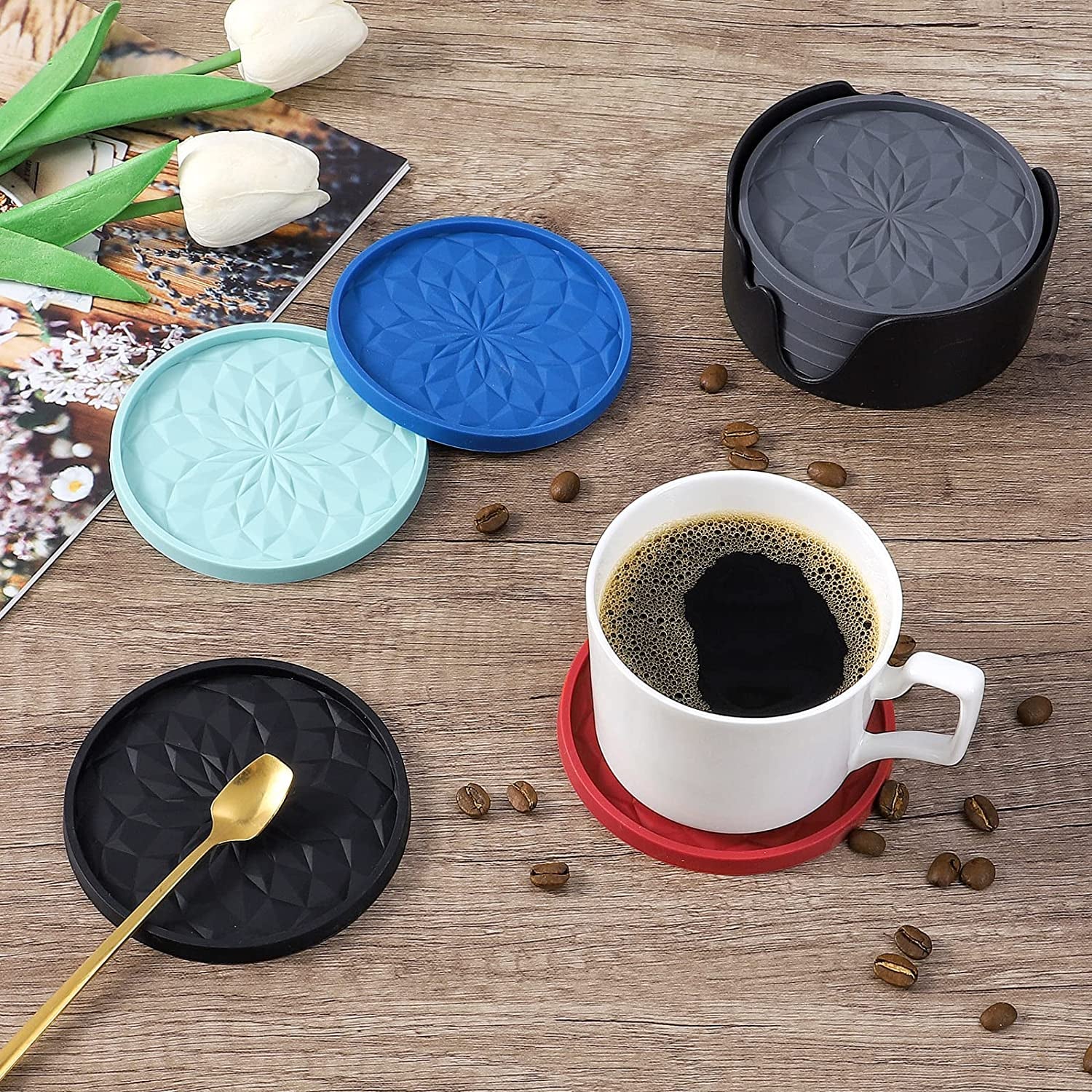 silicone-coasters-with-holder-6-pack-drinking-coasters-cup-mat-for-hot-or-cold-drinks-thickened-non-slip-non-stick-deep-tray-black