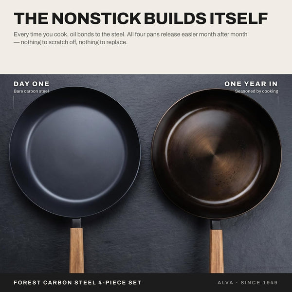 Forest 4-Piece Professional Carbon Steel Frying Pan Set, Wood Handle | Pre-Seasoned Non-Toxic Frying Pans - Chemical-Free, Traditional Cooking Surface - All Stovetop Compatible & Fast-Heating4