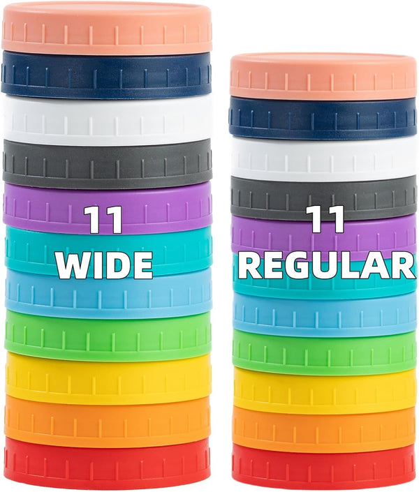 22 Pack Plastic Mason Jar Lids, 11 Wide Mouth & 11 Regular Mouth with Silicone Rings,Thickened Leak-Proof Lids Fit Ball,Kerr and More, 86Mm & 70Mm(Multicolored)1