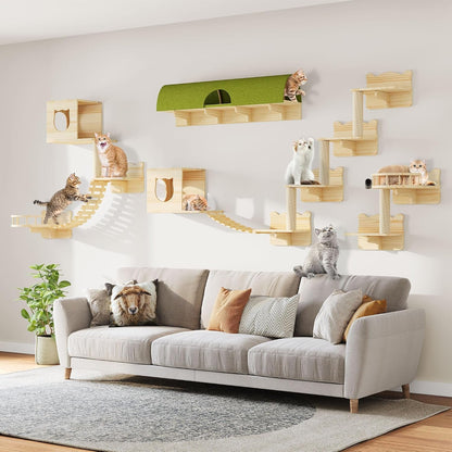 9-In-1 Cat Wall Shelves, Cat Wall Furniture Set with Bridge, Beige | Wall Mounted Cats Shelf for Space-Saving, Multi-Level Cat Climbing Systems for 16 Inch Drywall, with Scratching Posts, Condos13