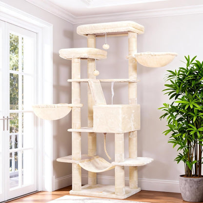 Heybly Cat Tree, 71-Inch-Tall Tower for Indoor Cats with 2 Perches HCT034W | Large Cat Furniture with 2 Big Condos, 2 Hammocks, Basket, Scratching Pad, Multi-Level Cat Condo, Light Gray15