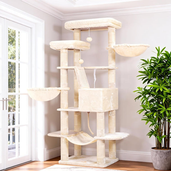 Heybly Cat Tree, 71-Inch-Tall Tower for Indoor Cats with 2 Perches HCT034W | Large Cat Furniture with 2 Big Condos, 2 Hammocks, Basket, Scratching Pad, Multi-Level Cat Condo, Light Gray15