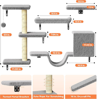 Cat Wall Shelves for Large Cats, Stable & Safe Kitty Walls Furniture Set for 40LBS Cats with Wooden Cat Climber,House, Bridge, Tree, Steps, and Scratcher for 16 Inch Drywall (Grey, 5-In-1)3