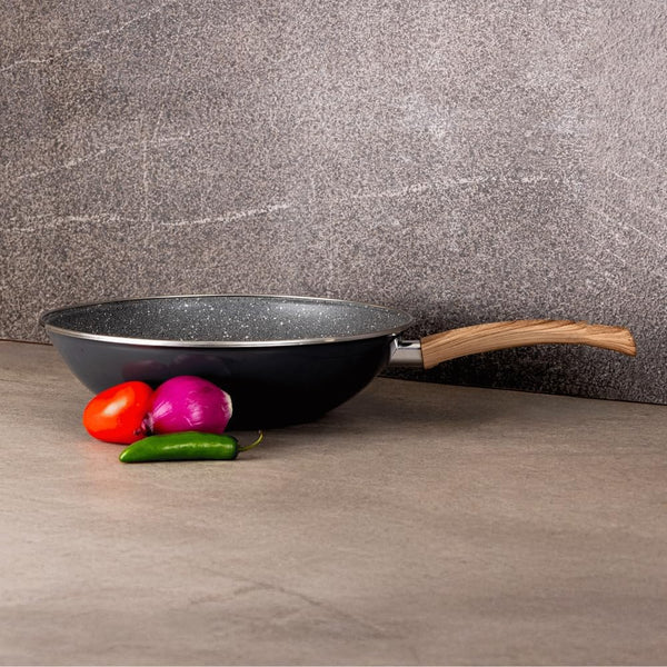 Nonstick Wok Pan 11 Inch Enamel Steel Gray | Induction Compatible, All Stovetop Ready, Even Heat Cooking, Wood-Look Handle, Lightweight Design, Easy Cleanup5
