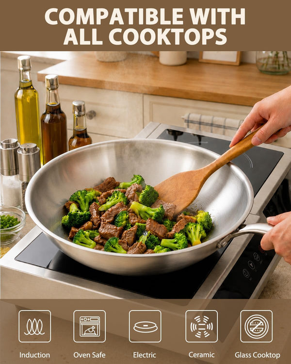 13-Inch Tri-Ply Stainless Steel Wok Pan with Lid | Detachable Handle | Stir-Frying Pan | Induction Wok | Dishwasher and Oven Safe | Heavy-Duty | Flat-Bottom5