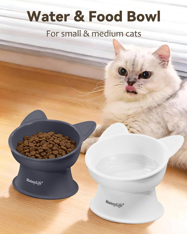 Mateeylife 2 Pack Elevated Cat Food Bowls for Indoor Cats & Kittens | Raised Food and Water Bowl Set, Whisker Friendly & anti Vomit Feeding Pet Bowls, 6 Oz Each, Dishwasher Safe - White & Grey3
