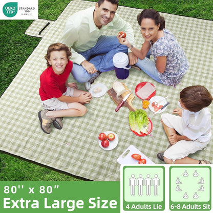 Extra Large Picnic Outdoor Blanket, 80''X80'' Waterproof Foldable Blankets Gingham Picnic Mat for Beach, Camping Grass Lawn Park Accessories Cute Couple Gifts Ideas Wedding Registry(Green White)2