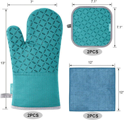 Oven Mitts and Pot Holders 6Pcs Set, Kitchen Oven Glove High Heat Resistant 500 Degree Extra Long Oven Mitts and Potholder with Non-Slip Silicone Surface for Cooking (Lake Blue)2