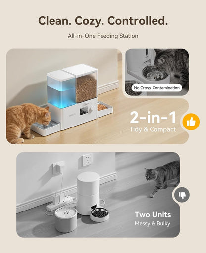 Automatic Cat Feeder and Water Dispenser,2-In-1 Large Capacity 5L Cat Food Bowl and 3.5L Gravity Water Dispenser,Timed Cat Feeder for Cats Small Dogs Puppies Kittens Pets3