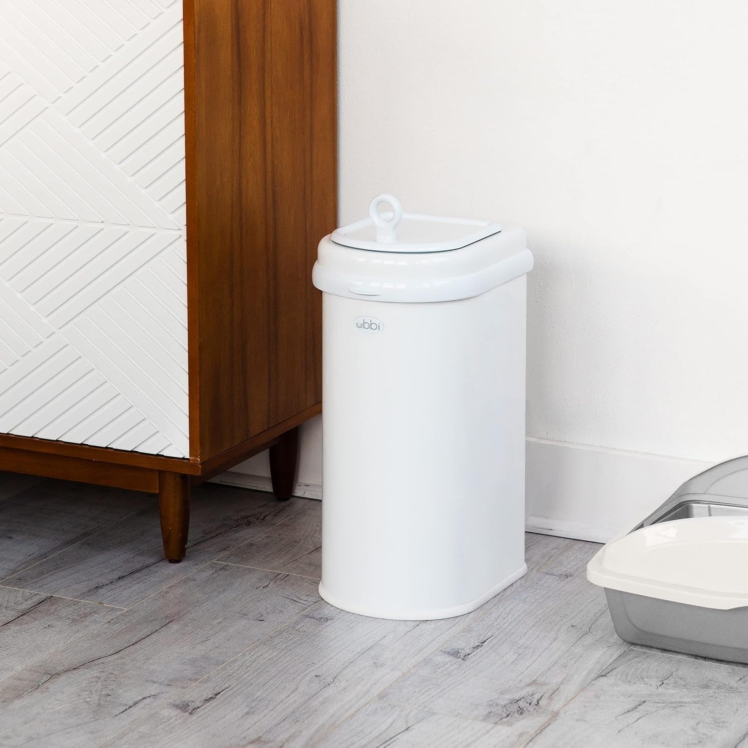 ubbi-pet-waste-pail-white-odor-locking-cat-litter-disposal-system-stainless-steel-pet-waste-can-with-safety-lock-scoop-no-special-bags-required