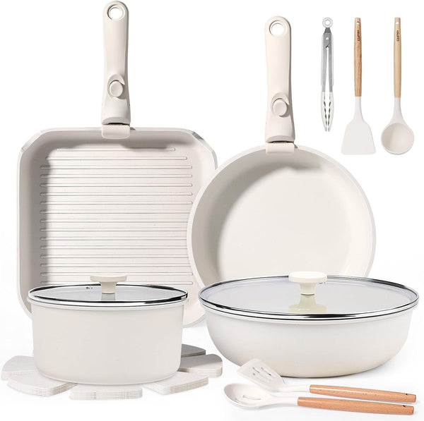 18PCS Pots and Pans Set Cookware Set with Detachable Handle | Non Stick,Non Toxic, PFOA Free, Dishwasher ＆Oven Safe, All Stoves Are Compatible, White1