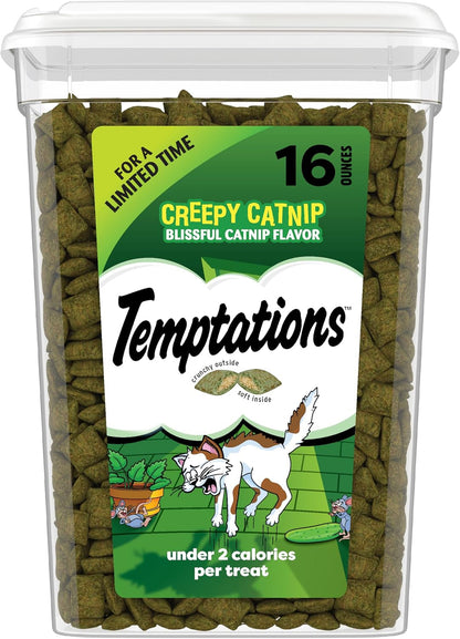 Temptations Classic Crunchy and Soft Cat Treats, Creepy Catnip, 16 Oz | under 2 Calories per Treat, 100% Complete & Balanced for Adult Cats, Resealable Stay-Fresh Tub, Use as Snack, Meal, or Topper1